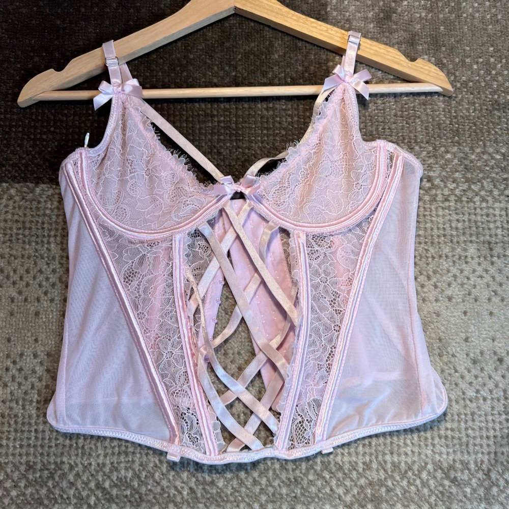 Body Rage Pink Lace Mesh Corset Top Bustier Lace Up Front Bows Womens Large